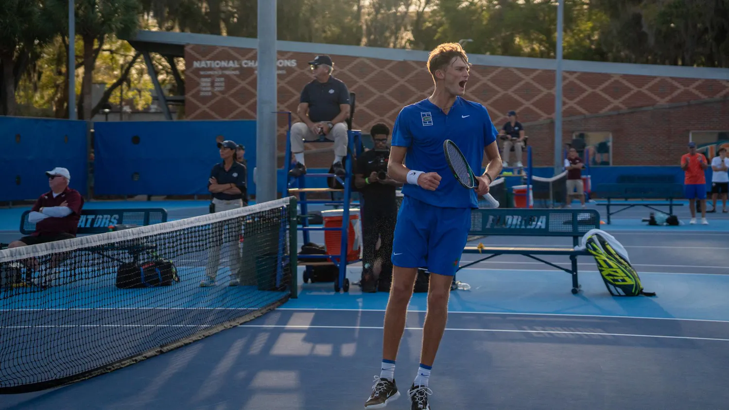 Florida’s Henry Jefferson celebrates after a point in a NCAA men's doubles tennis match against Texas A&M University, Friday, March 6, 2026, in Gainesville, Fla.