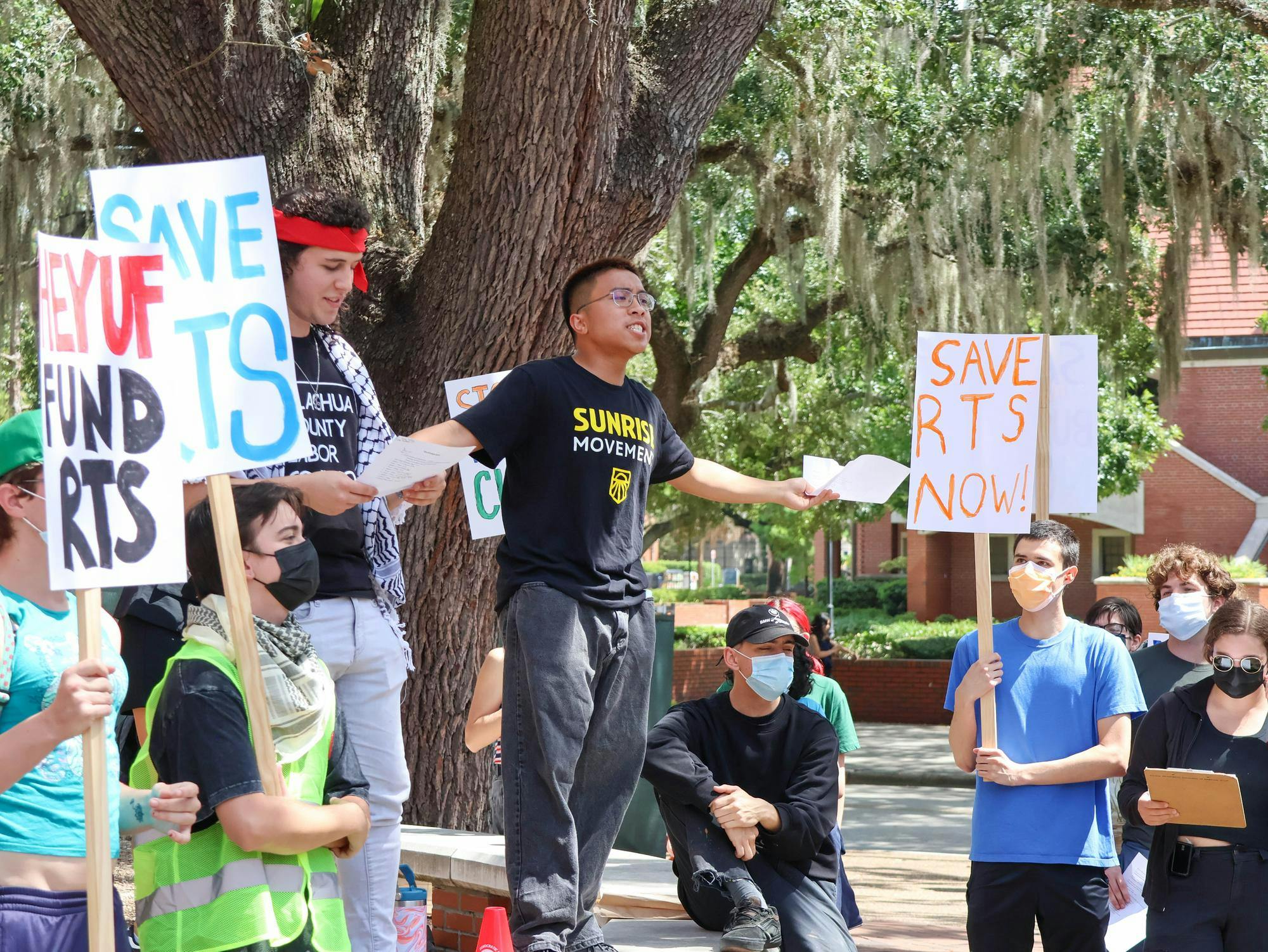 University of Florida student, Ace Mclain leading chant at RTS rally held at Turlington Plaza on Wednesday, September 10, 2025.
