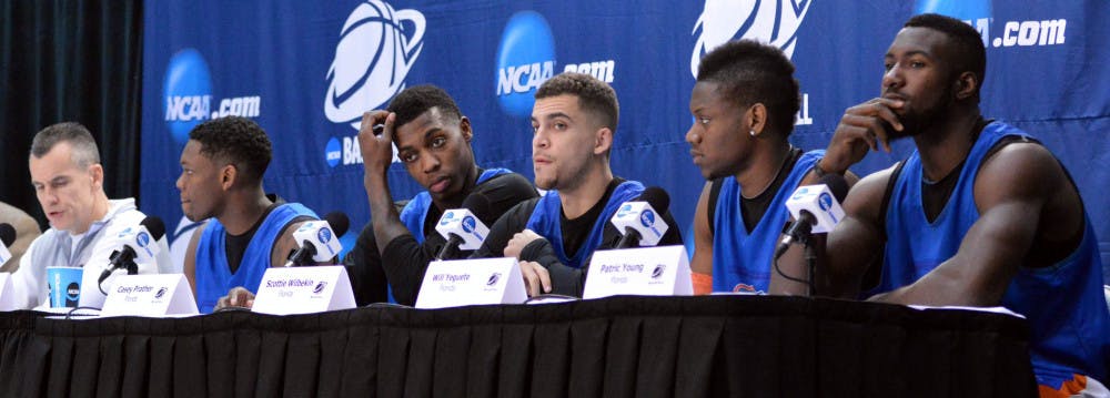(From left) UF coach Billy Donovan and Gators starters Michael Frazier II, Casey Prather, Scottie Wilbekin, Will Yeguete and Patric Young speak during Florida’s Elite Eight media session on Friday in the FedEx Forum in Memphis, Tenn.