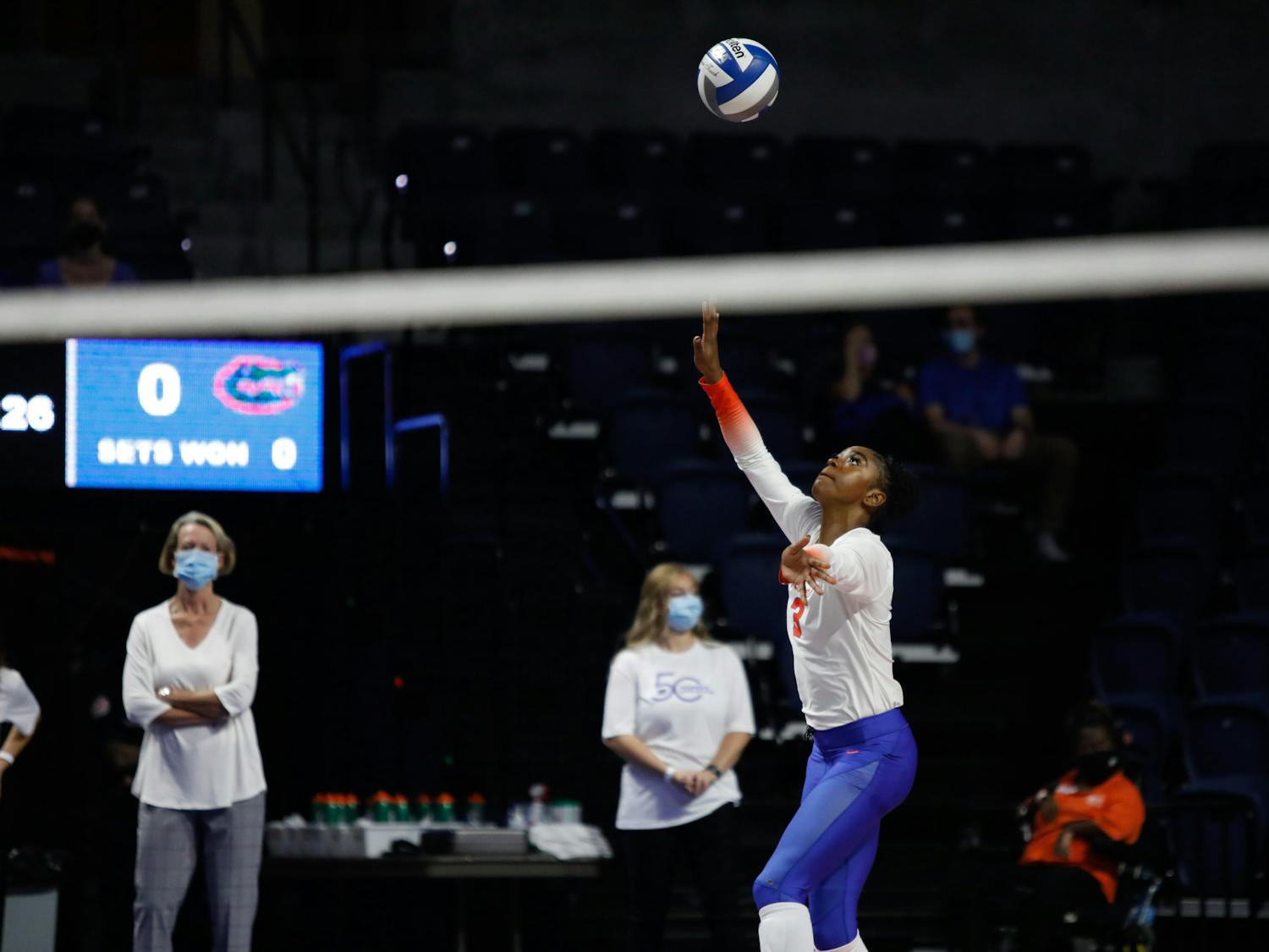 Florida's T'ara Ceasar readies to serve against Mississippi State on Sept. 24.