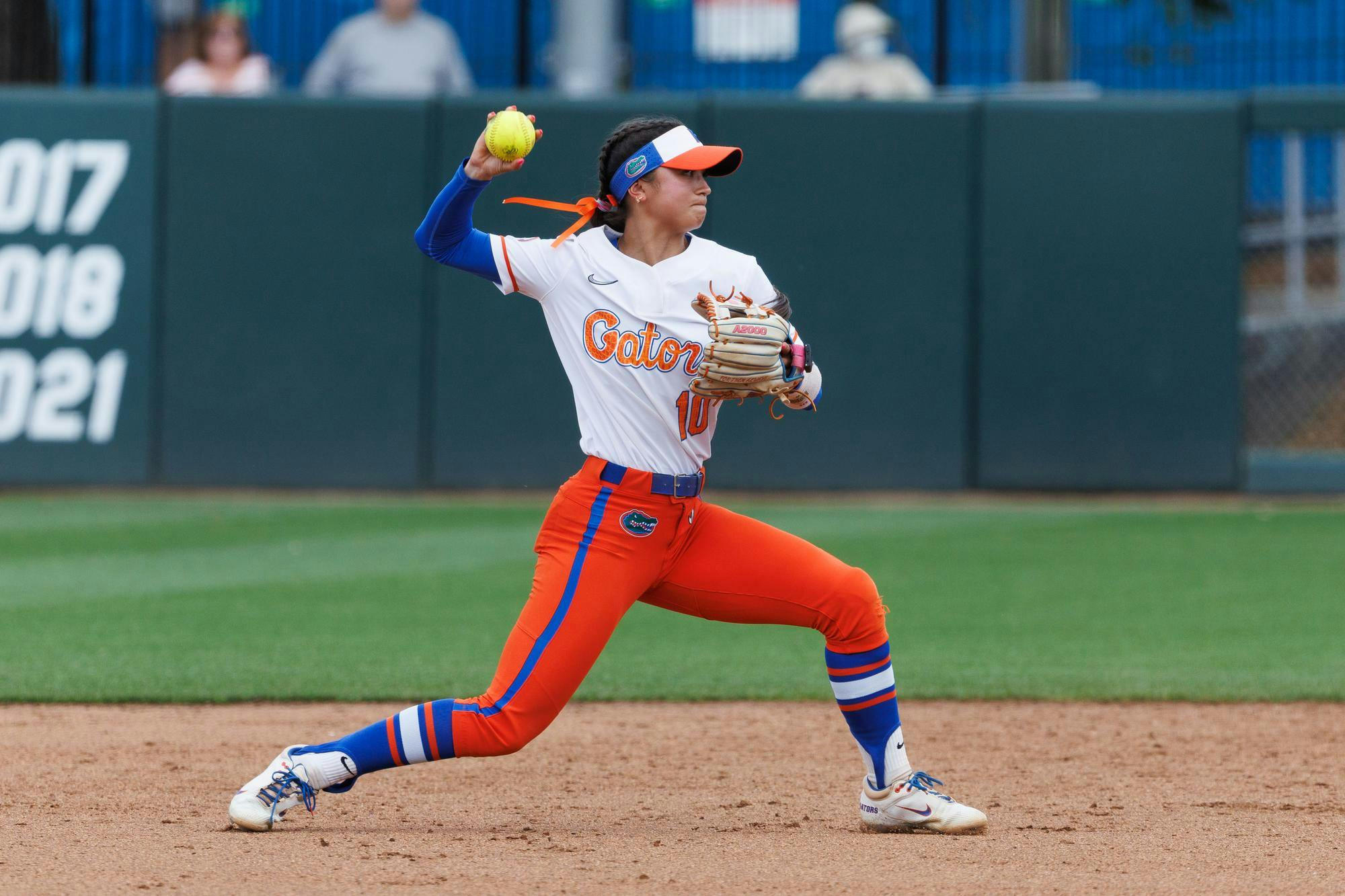 Florida Gators infielder Gabi Comia fields throws to first base during an NCAA softball game against Mississippi State, Sunday, April 5, 2026, in Gainesville, Fla.
