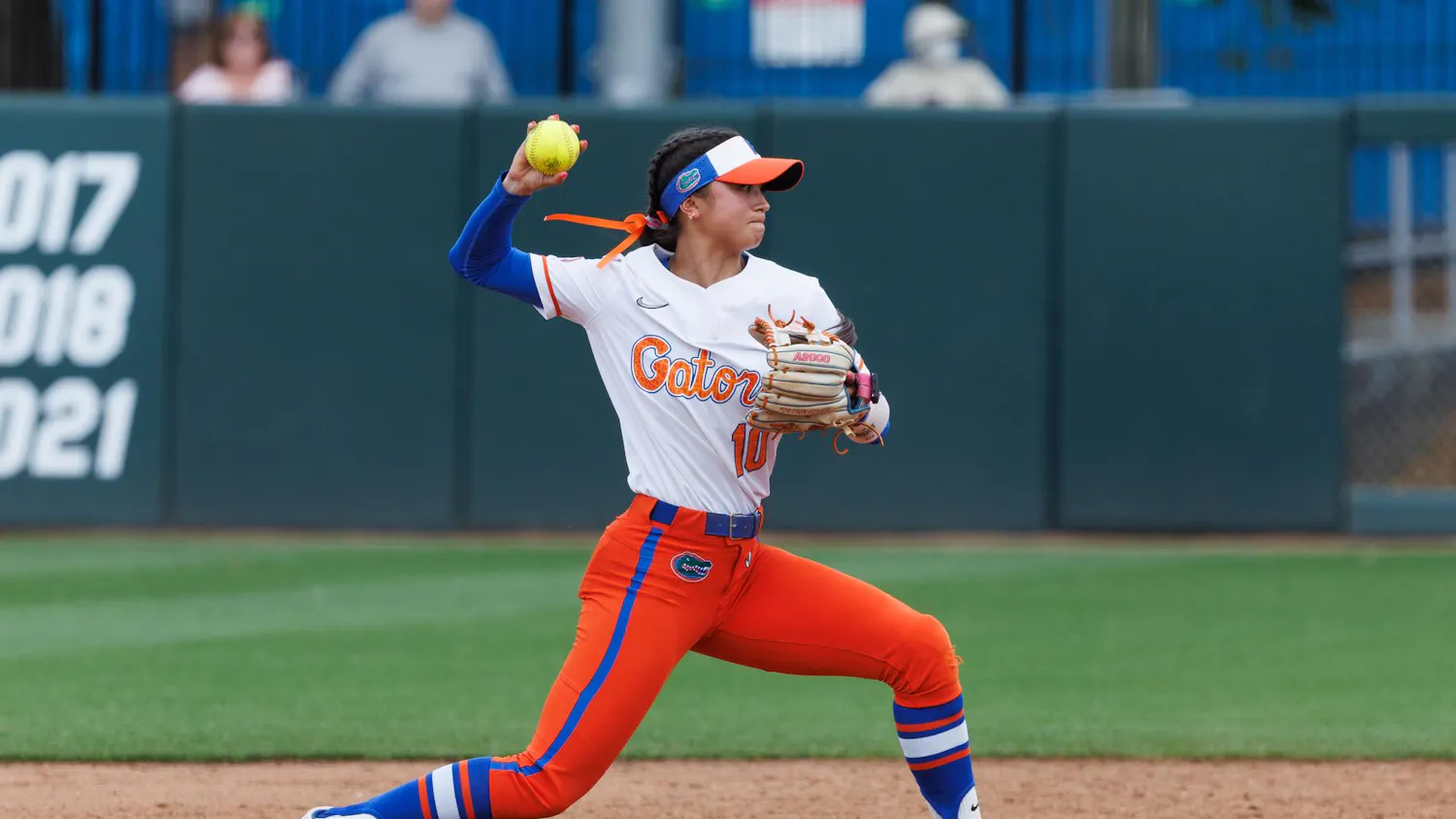 Florida Gators infielder Gabi Comia throws to first base during an NCAA softball game against Mississippi State, Sunday, April 5, 2026, in Gainesville, Fla.