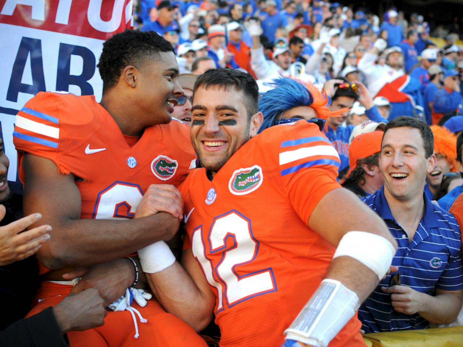 Austin Appleby, right, celebrates with Quincy Wilson after Florida's 16-10 win against LSU on Nov. 19, 2016, at Tiger Stadium in Baton Rouge, Louisiana.