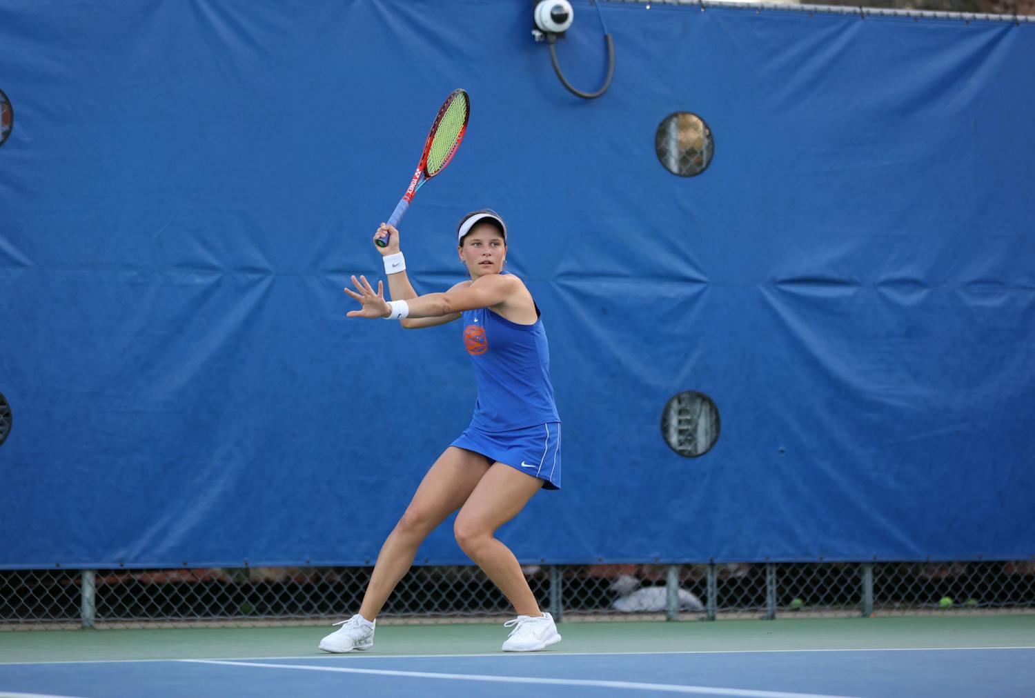 Florida freshman Anastasia Sysoeva swings her racket during the Gators&#x27; match against the Pepperdine Waves Friday, Feb. 24, 2023 at Alfred A. Ring Tennis Complex in Gainesville, FL.