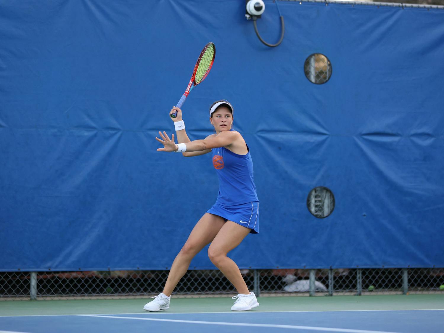 Florida freshman Anastasia Sysoeva swings her racket during the Gators&#x27; match against the Pepperdine Waves Friday, Feb. 24, 2023 at Alfred A. Ring Tennis Complex in Gainesville, FL.