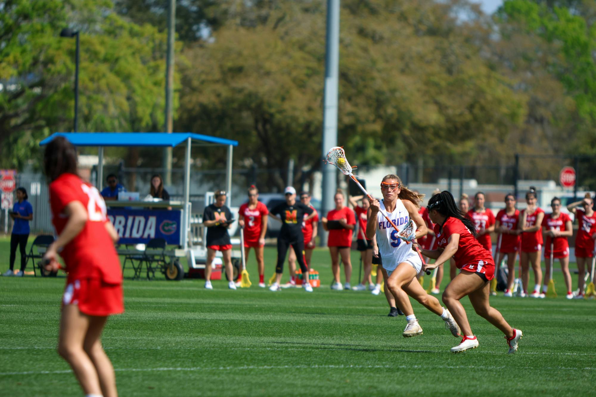 Florida senior Emily Heller carried the ball in her crosse during the Gators' 14-13 loss to the No. 6 Maryland Terrapins Saturday, Feb. 25, 2023.