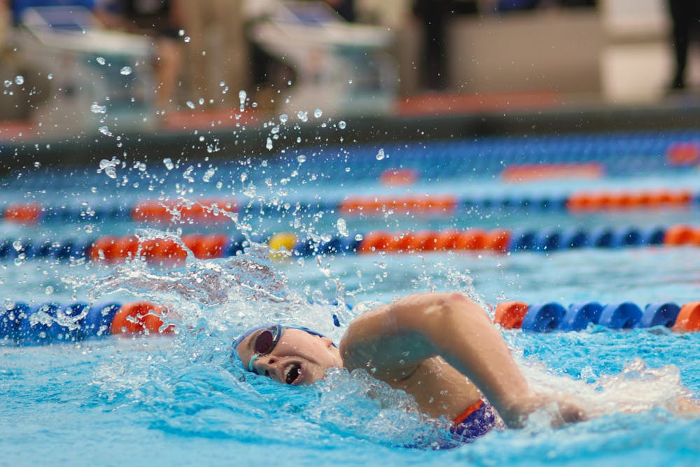 Florida swimmer Leah DeGeorge swims in the Gators' 207-83 win against the Florida Atlantic Owls Friday, Jan. 13, 2023.