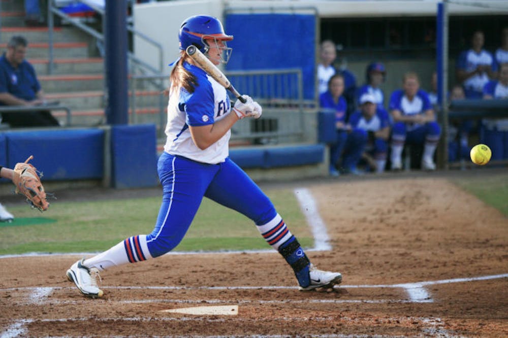 <p class="p1">Sophomore <span class="s1">Lauren Haeger (17) swings during an at-bat in Florida’s 6-5 win against Tennessee on March 15 at Katie Seashole Pressly Stadium. Haeger went 2 for 3 with a home run, a double and five walks in Friday's doubleheader against Arkansas.</span></p>