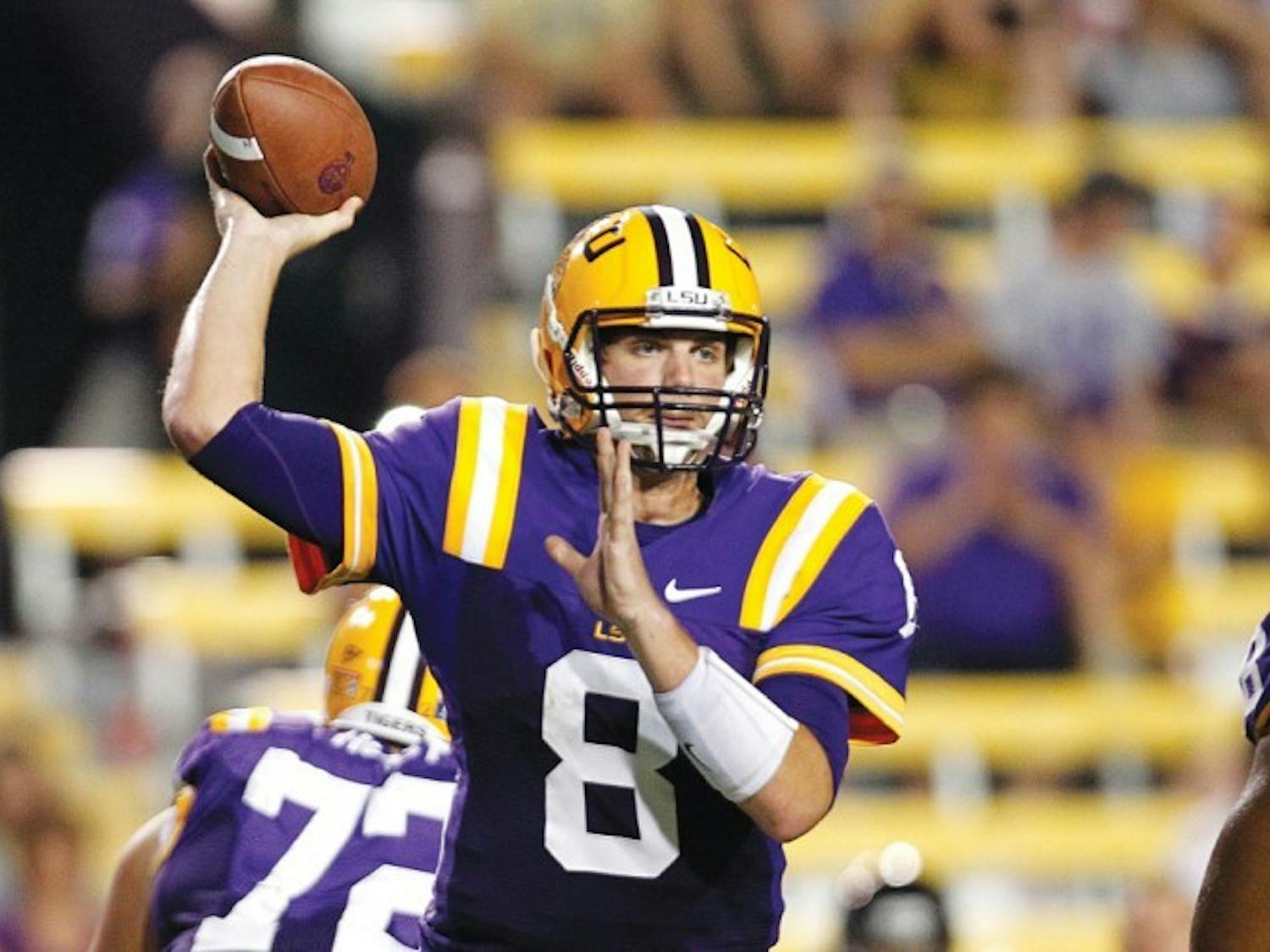 LSU quarterback Zach Mettenberger (8) drops back to pass in the second half of their NCAA college football game against Idaho in Baton Rouge, La. Saturday, Sept. 15, 2012. LSU won 63-14.