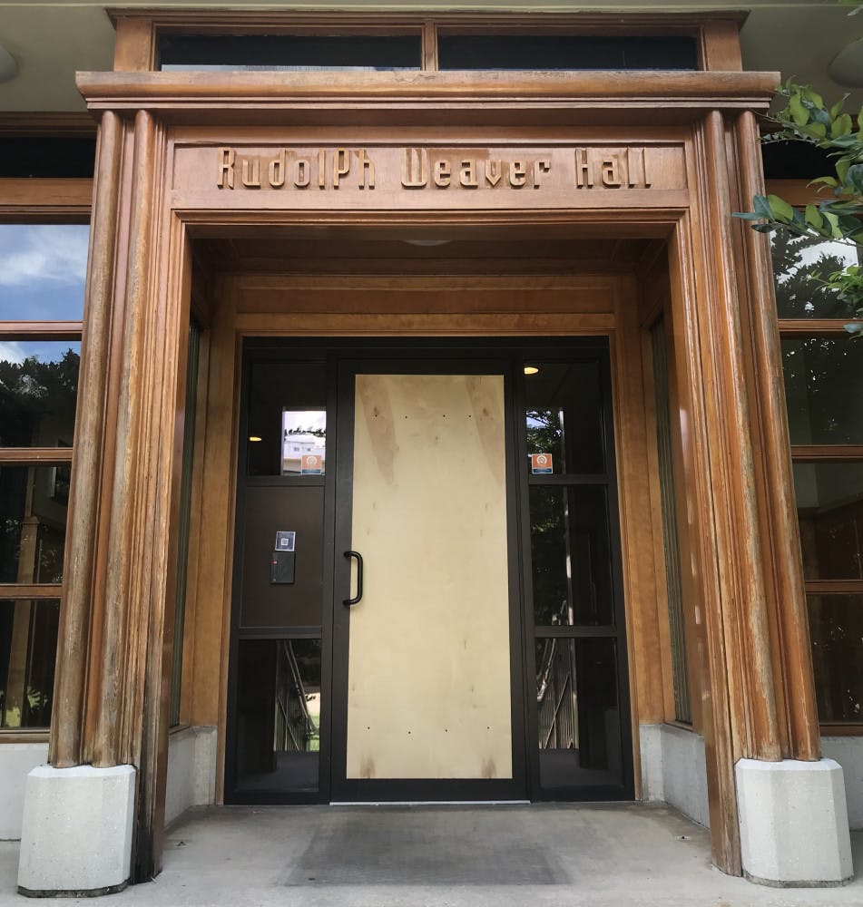 The door of Weaver Hall was broken late Monday night or Tuesday morning. University Police does not know who did it, and the department is investigating the case. 