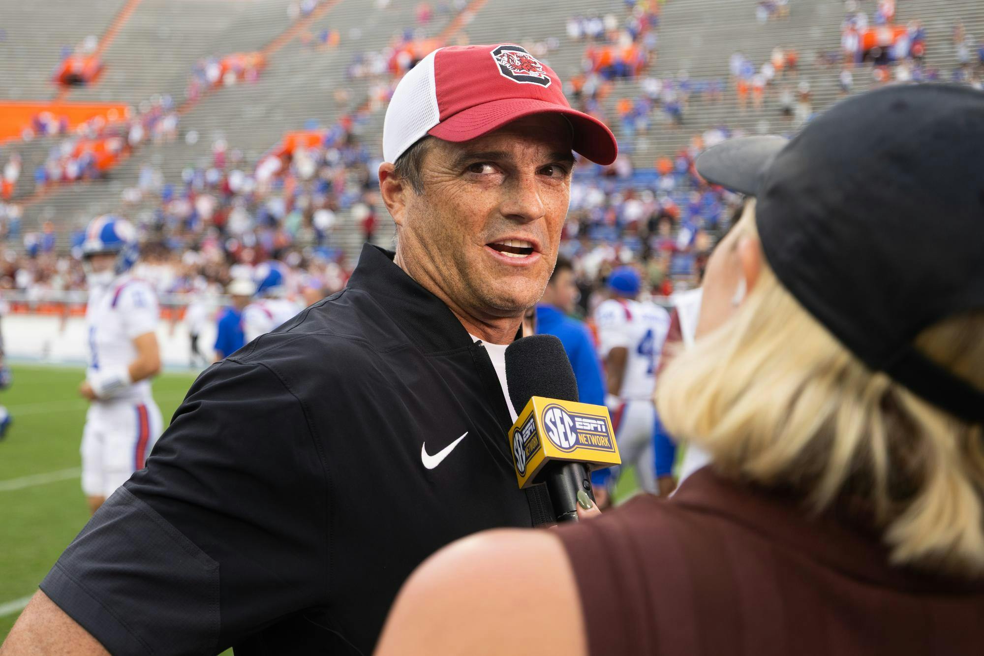 South Carolina head coach Shane Beamer speaks to the SEC Network following an NCAA college football game against Florida, Saturday, Oct. 10, 2026, in Gainesville, Fla.