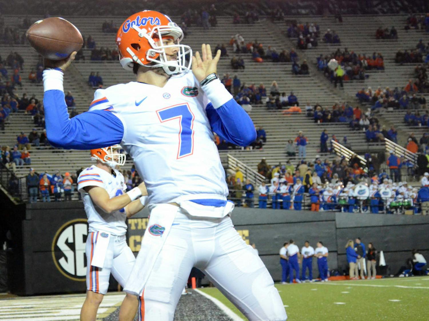 Will Grier warms up prior to Florida's game against Vanderbilt on Nov. 8 in Nashville, Tennessee.