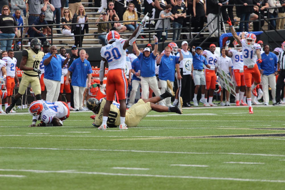 Marcus Maye (20) points to the crowd in celebration during Florida's 13-6 win over Vanderbilt on Oct. 1, 2016, at Vanderbilt Stadium.