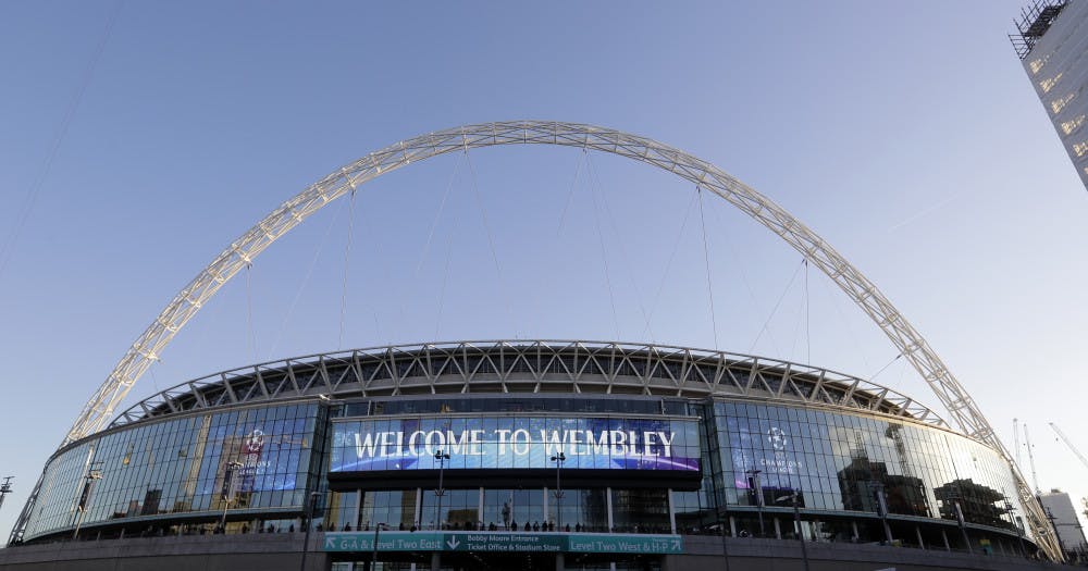 FILE - This Oct. 3, 2018 file photo shows a view of the exterior of Wembley Stadium in London. The Jacksonville Jaguars will play two home games in London next season, strengthening the franchise’s foothold in an overseas market the NFL is eager to expand. The Jaguars will play back-to-back games at historic Wembley Stadium, giving them a potential “home-field” advantage in the second one since they won’t have to travel that week. Specific dates were not announced.(AP Photo/Kirsty Wigglesworth, File)
