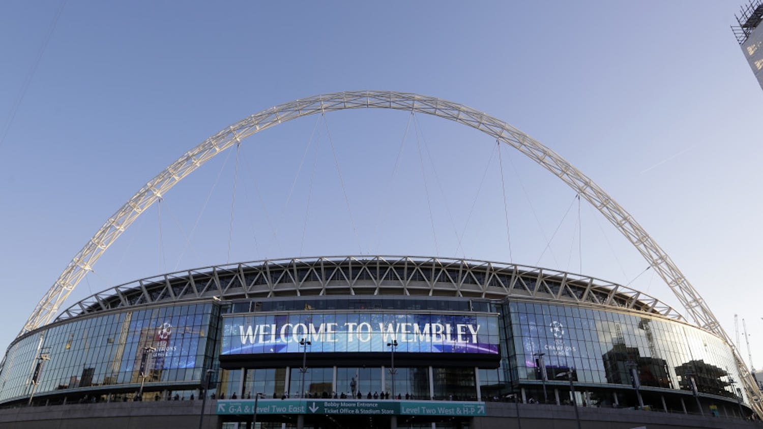 FILE - This Oct. 3, 2018 file photo shows a view of the exterior of Wembley Stadium in London. The Jacksonville Jaguars will play two home games in London next season, strengthening the franchise’s foothold in an overseas market the NFL is eager to expand. The Jaguars will play back-to-back games at historic Wembley Stadium, giving them a potential “home-field” advantage in the second one since they won’t have to travel that week. Specific dates were not announced.(AP Photo/Kirsty Wigglesworth, File)