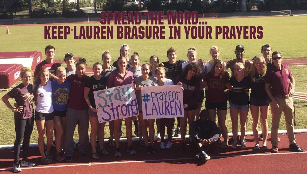 <p>Florida State University athletes pose for a photo in support of UF long-distance runner Lauren Brasure. The photo made rounds on social media as athletes from other universities shared their support.</p>