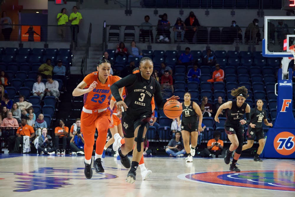 Florida guard Leilani Correa plays defense in transition in the Gators' 61-54 win over the Texas A&M Aggies Thursday, Feb. 2, 2023 