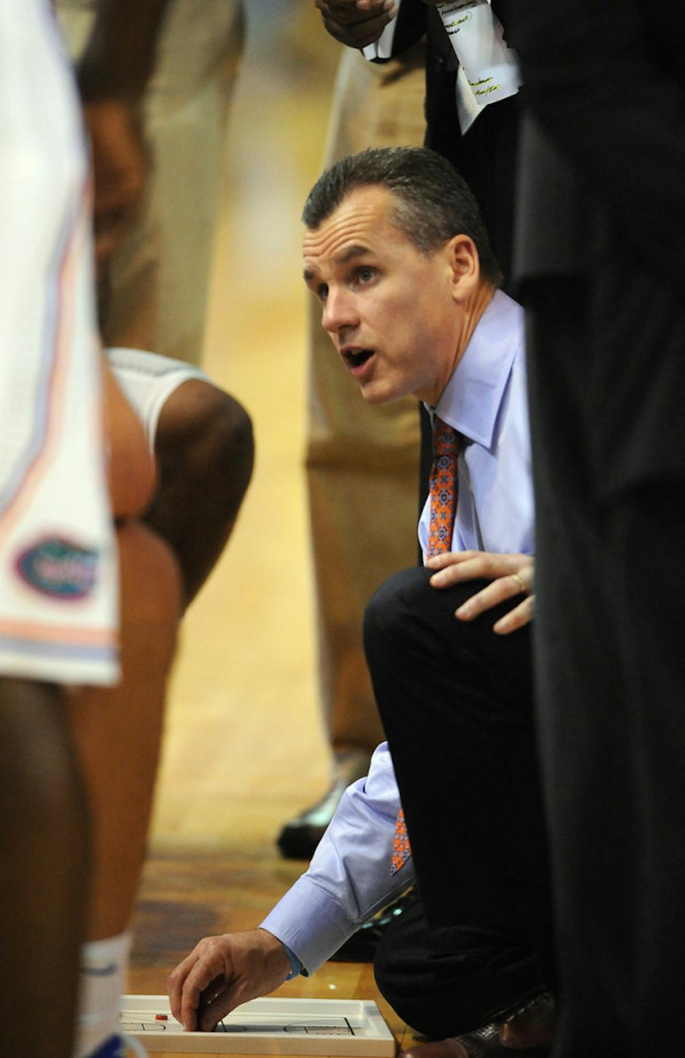 <p>Florida coach Billy Donovan talks to his players during a
timeout in the second half against Auburn on Tuesday.</p>