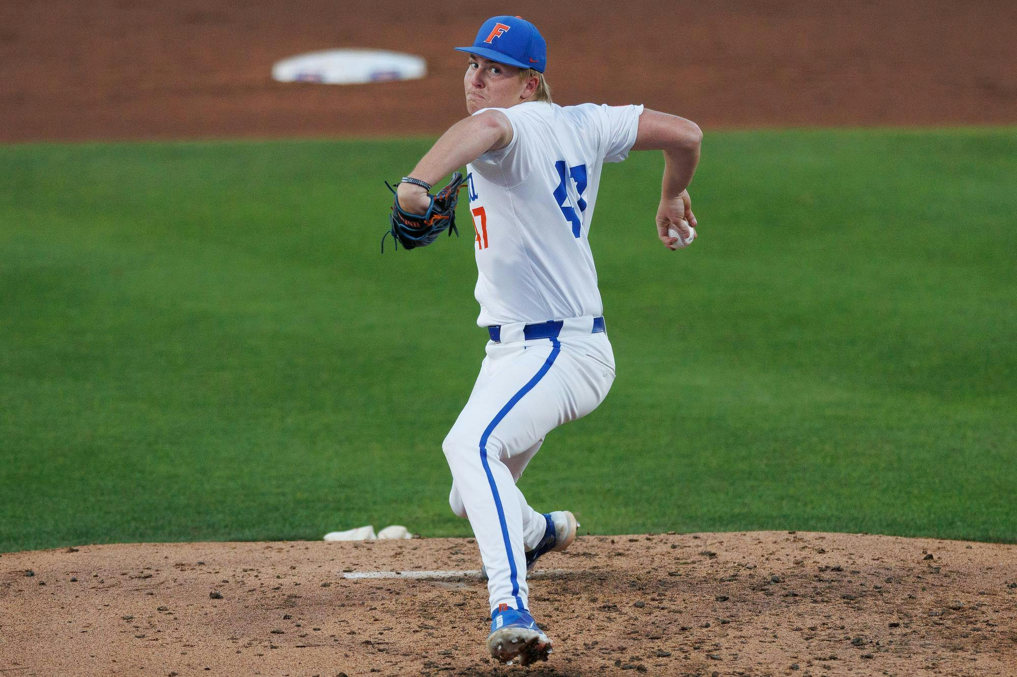 Florida right-handed pitcher Aidan King (47) throws a pitch during an NCAA baseball game against Auburn, Thursday, April 16, 2026, in Gainesville, Fla.