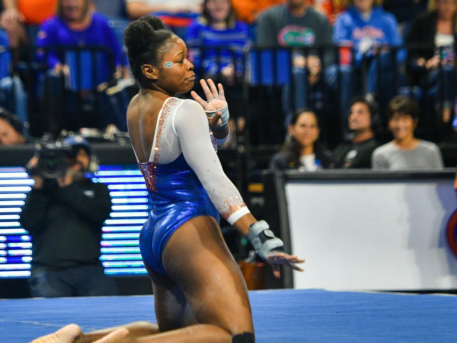 Senior Alicia Boren scored a 9.975 on her floor routine in the Gators'&nbsp;198.025-196.325 victory against the Penn State Nittany Lions on Senior Night.