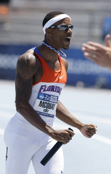 Florida’s Tony McQuay reacts after anchoring his team to victory in the men’s 4x400-meter relay at the NCAA outdoor track and field championships June 9 at Drake Stadium in Des Moines, Iowa.
