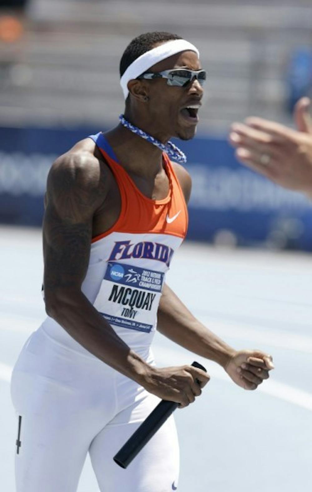 <p>Florida’s Tony McQuay reacts after anchoring his team to victory in the men’s 4x400-meter relay at the NCAA outdoor track and field championships June 9 at Drake Stadium in Des Moines, Iowa.</p>