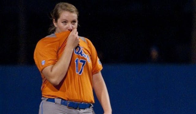 Lauren Haeger stands in the circle between pitches during Florida's 4-1 home loss to USF on March 28, 2012. Haeger struck out five in the Gators 9-1 win against the Bulls on Wednesday.&nbsp;