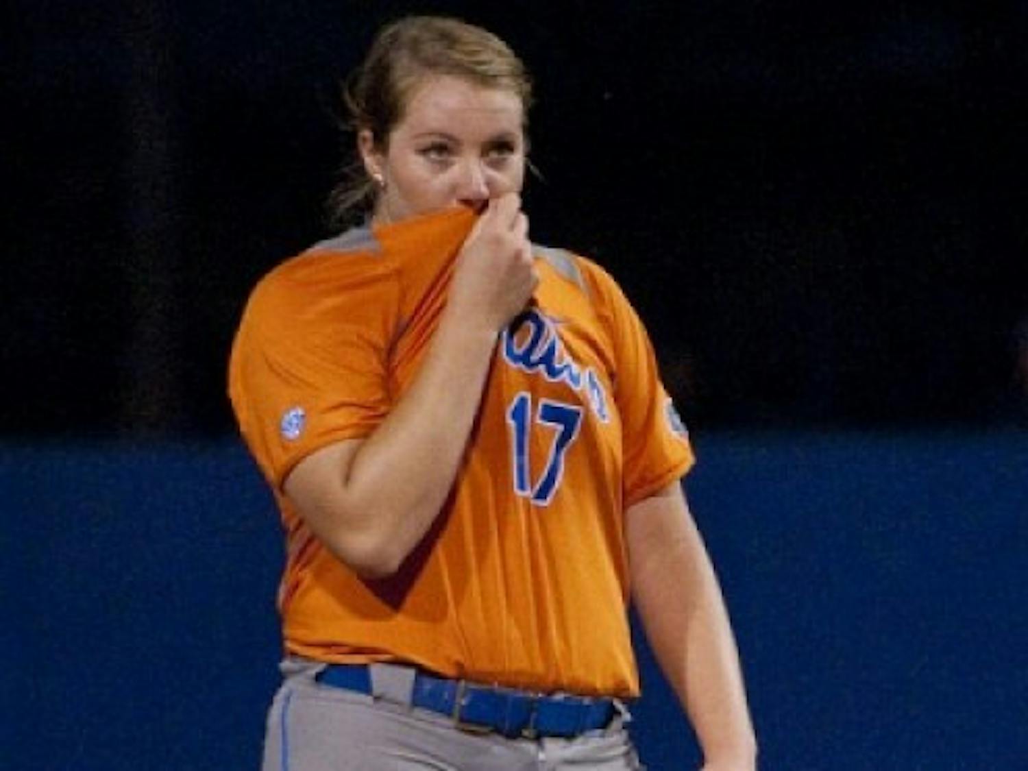 Lauren Haeger stands in the circle between pitches during Florida's 4-1 home loss to USF on March 28, 2012. Haeger struck out five in the Gators 9-1 win against the Bulls on Wednesday.&nbsp;