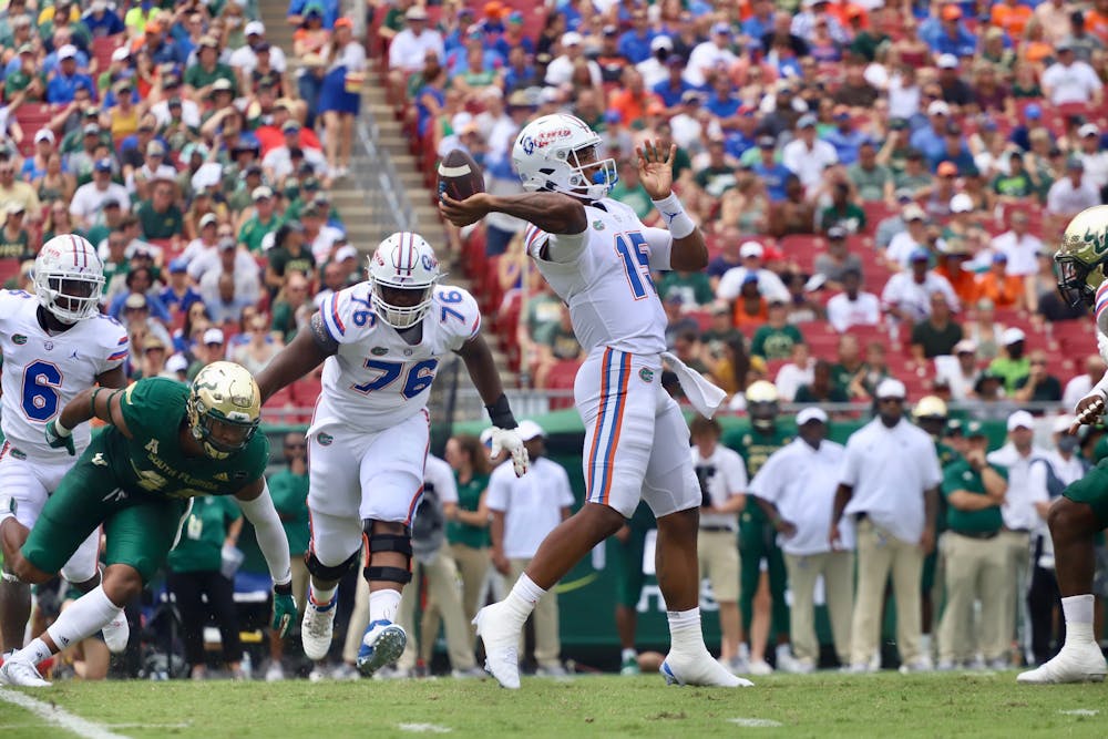 Florida's Anthony Richardson (pictured with ball) sets to throw against South Florida on Sept. 11, 2021.