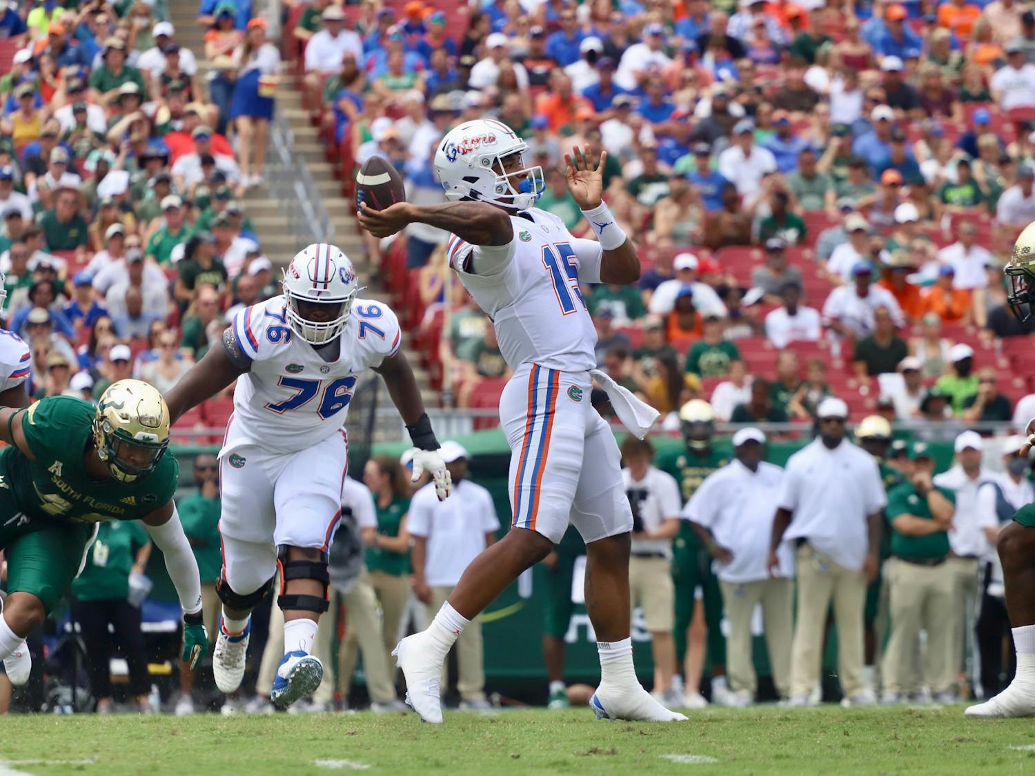 Florida's Anthony Richardson (pictured with ball) sets to throw against South Florida on Sept. 11, 2021.