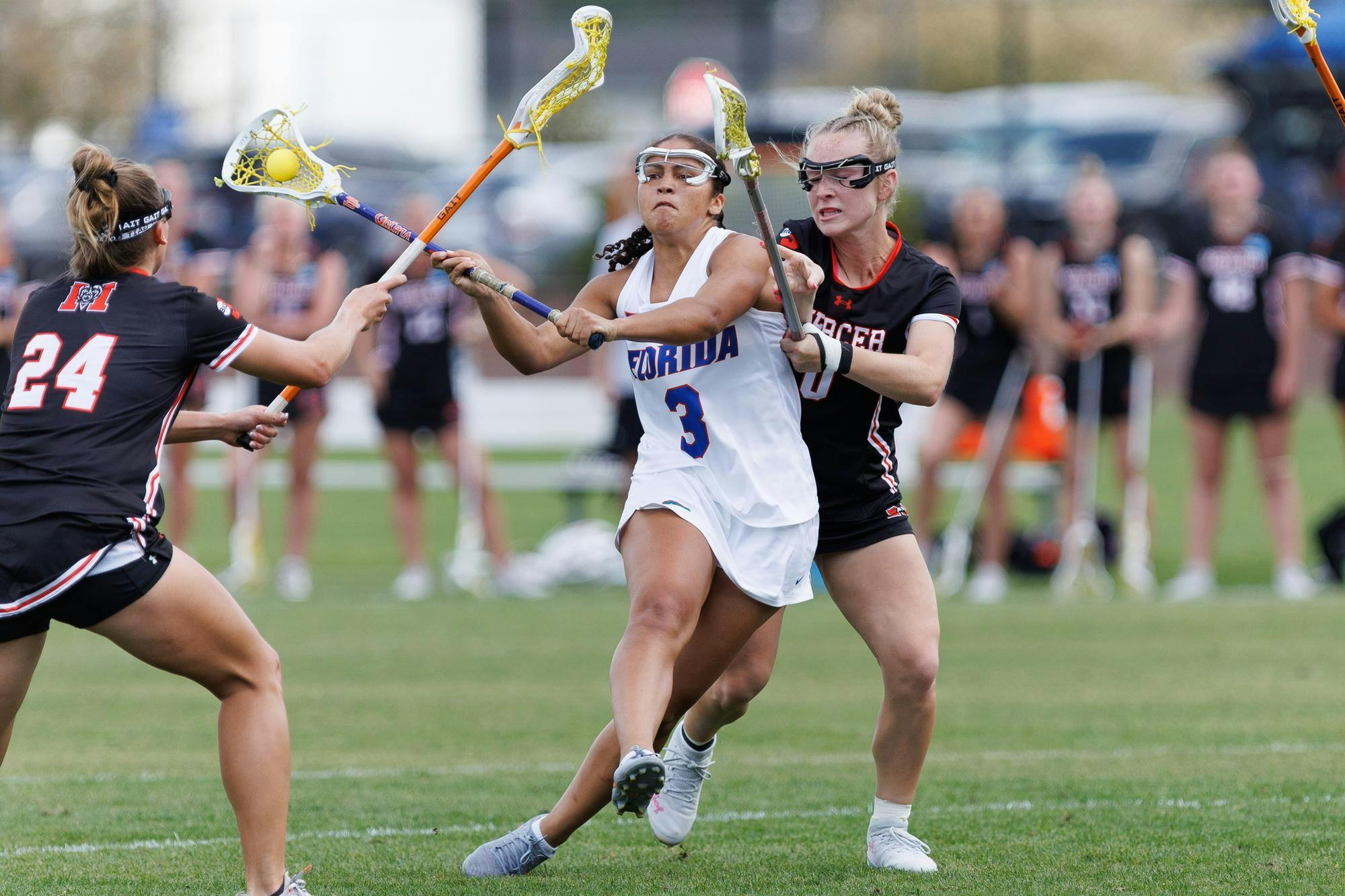 Florida attacker Autumn Blair (3) passes during the first quarter of an NCAA women’s lacrosse gmae against Mercer, Saturday, March 07, 2026, in Gainesville, Fla.