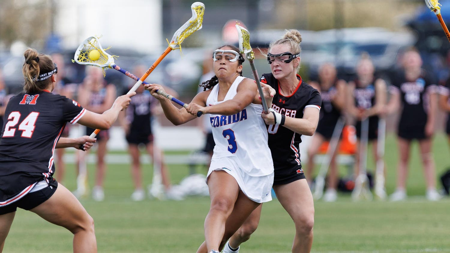Florida attacker Autumn Blair (3) passes during the first quarter of an NCAA women’s lacrosse gmae against Mercer, Saturday, March 07, 2026, in Gainesville, Fla.