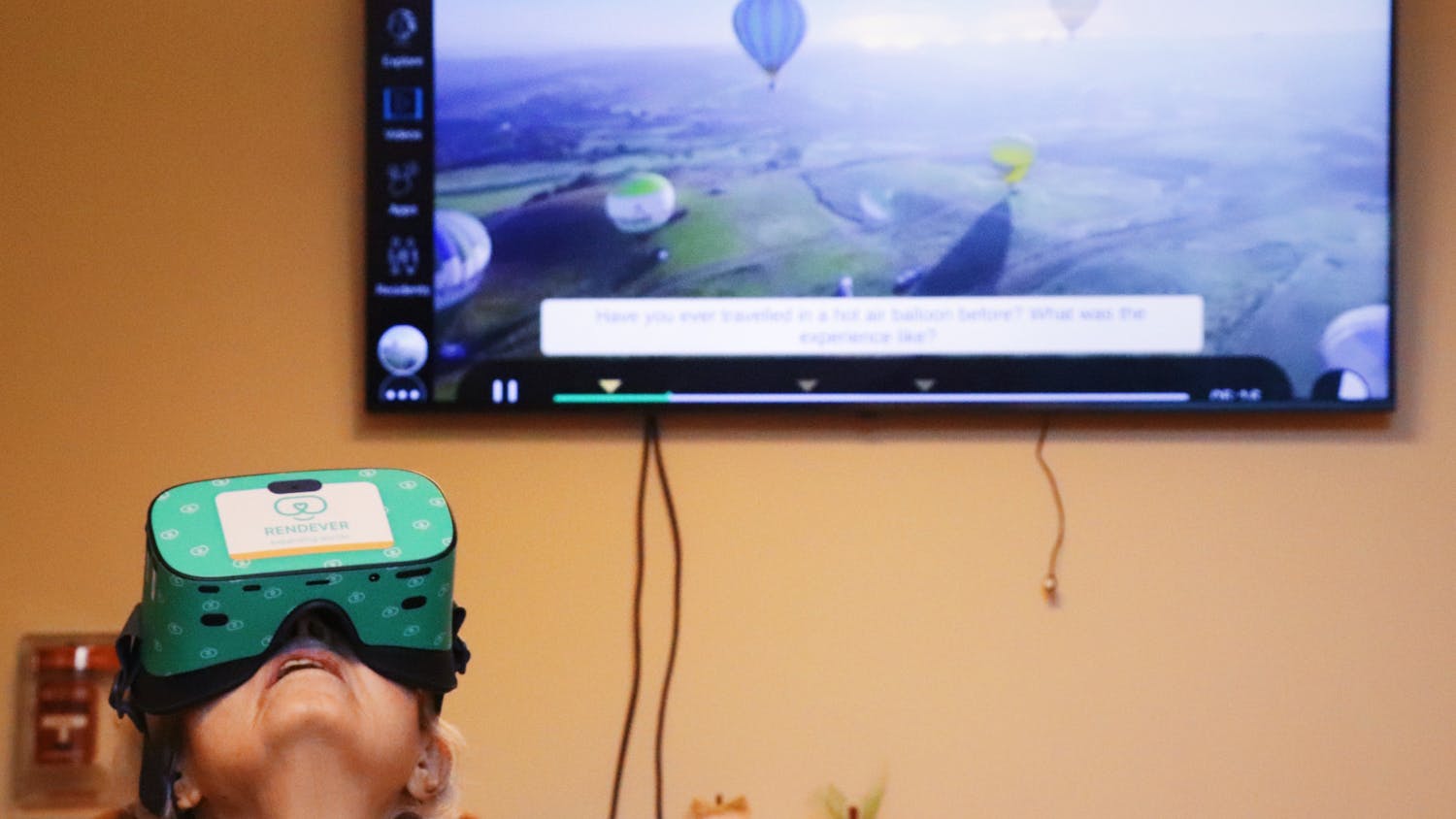 Kay Koons, 89, Oak Hammock resident, uses a Rendever virtual reality headset to take a hot-air balloon ride while at the Oak Hammock Health Pavilion on Wednesday, Oct. 20, 2021.