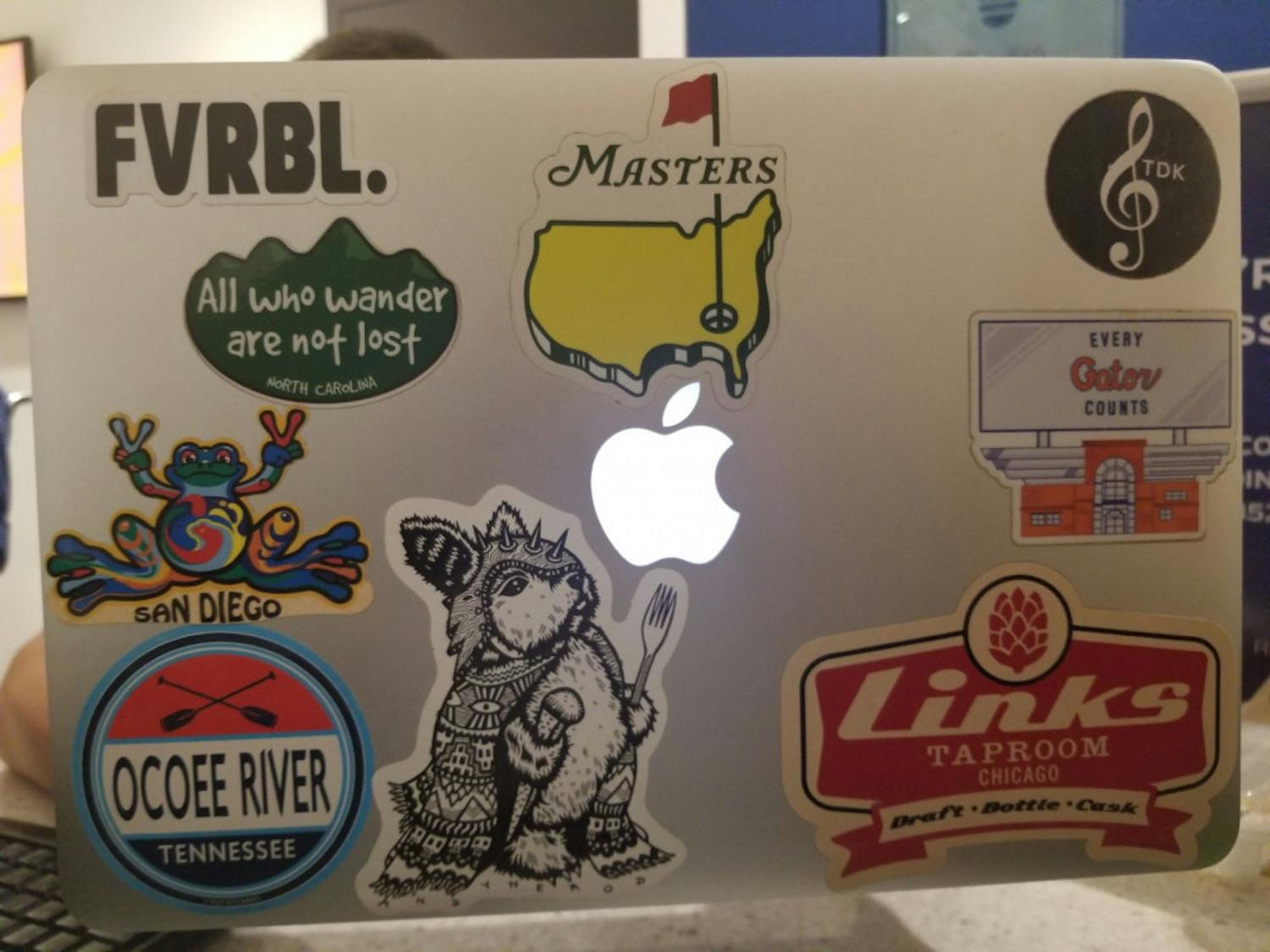 Shane Stockings is a 22-year-old UF business graduate student who loves to travel. Many of his stickers on his laptop are from places he has traveled to. The warrior bunny sticker was made by an artist he met in North Carolina. Also, the golf sticker he got in Augusta, Georgia is from the Masters Tournament, the biggest golf tournament in the U.S. Stockings and his father applied to go for 10 years before they won a spot to go.
