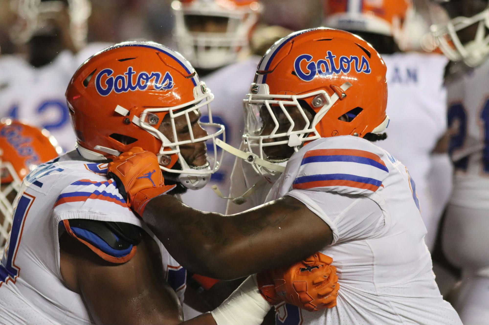 Florida guard O&#x27;Cyrus Torrence (left) blocks Gervon Dexter Sr. (right) in Tallahassee, Florida, for the Gators&#x27; game against the No. 16 Florida State Seminoles Friday, Nov. 25, 2022.