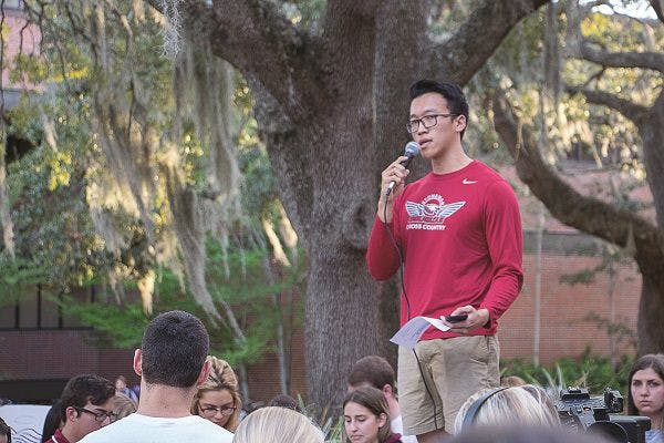 Zach Xu, a 20-year-old UF finance sophomore and 2016 alumnus of Marjory Stoneman Douglas High School in Parkland, Florida, organized the event on Turlington Plaza on Tuesday night. He spoke about his experiences while at the school and paid his respects to those involved in the shootings.
&nbsp;