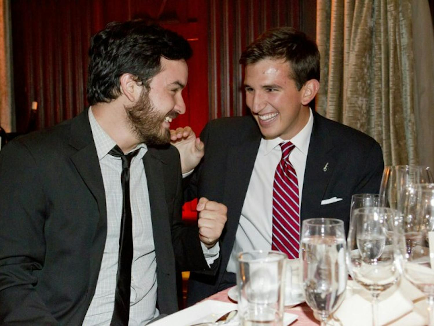 University of Florida's Jon Silman and Steven Gallo react to finding out they both won first place in their respective Hearst National Championships, writing for Silman and radio broadcast for Gallo, on June 7, 2012 during the 52nd Hearst National Journalism Championship, organized by the William Randolph Hearst Foundation held in San Francisco from June 4 - 7, 2012. The Championship comprises writing, photojournalism, multimedia, broadcast TV and radio competitions.
