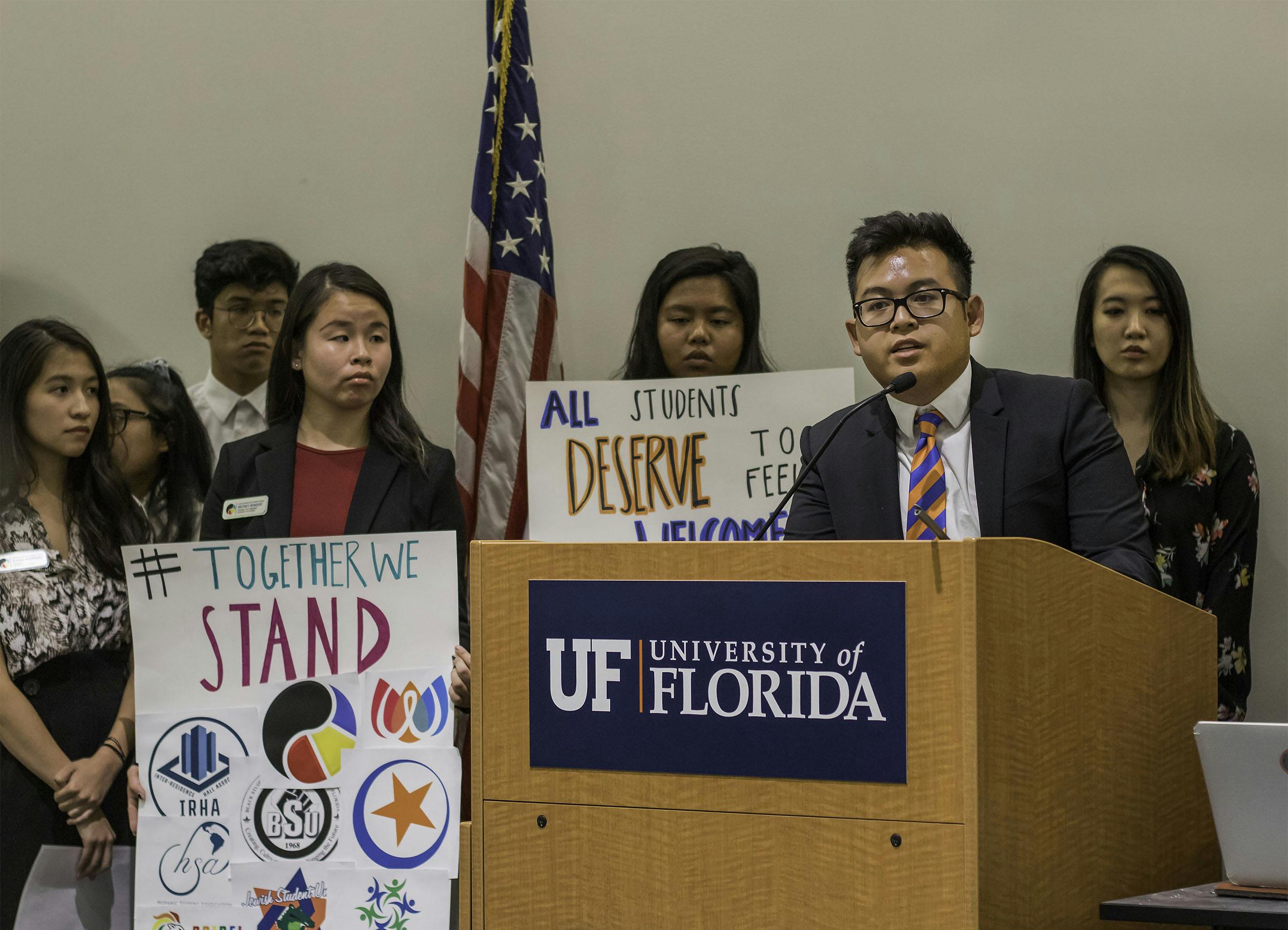Kevin Nguyen, president of the Vietnamese Student Organization, speaks during the public comment part of the UF Student Government Senate meeting on Aug. 6. Nguyen began by stating things SG members all have in common. He said that they were all Gators, all served in the Senate and all could make a difference. “We all have the potential to do something great,” Nguyen said.