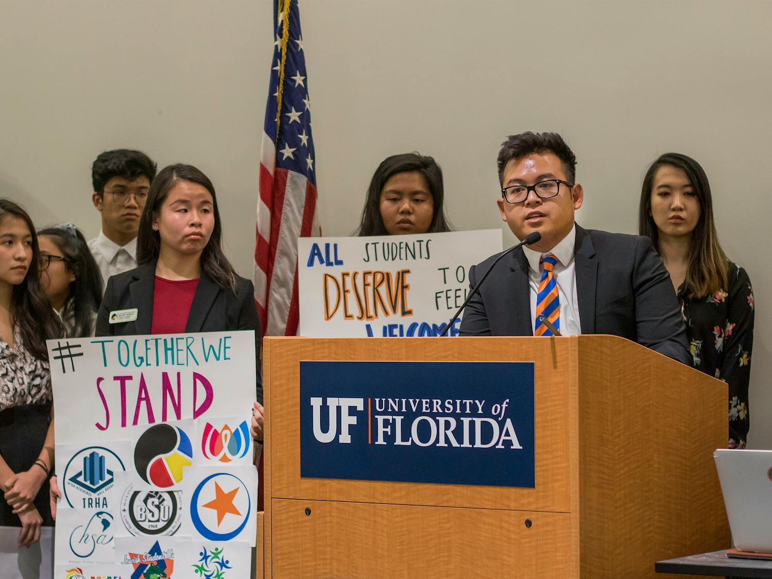 Kevin Nguyen, president of the Vietnamese Student Organization, speaks during the public comment part of the UF Student Government Senate meeting on Aug. 6. Nguyen began by stating things SG members all have in common. He said that they were all Gators, all served in the Senate and all could make a difference. “We all have the potential to do something great,” Nguyen said.