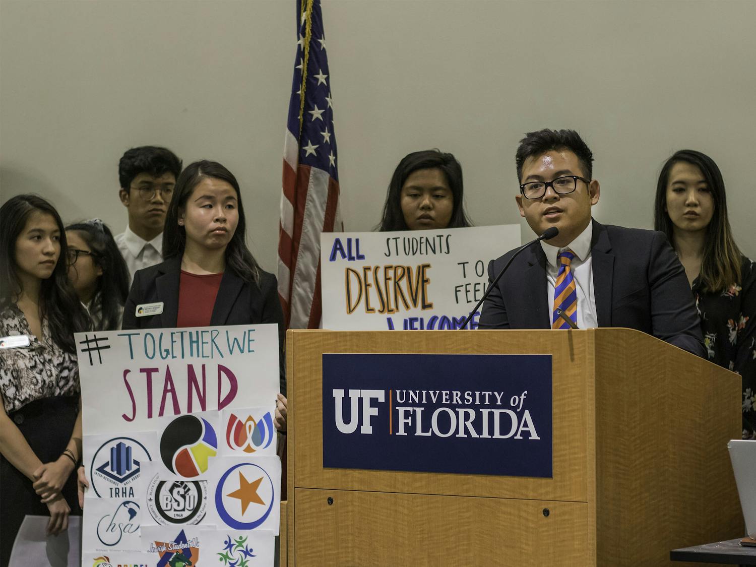 Kevin Nguyen, president of the Vietnamese Student Organization, speaks during the public comment part of the UF Student Government Senate meeting on Aug. 6. Nguyen began by stating things SG members all have in common. He said that they were all Gators, all served in the Senate and all could make a difference. “We all have the potential to do something great,” Nguyen said.