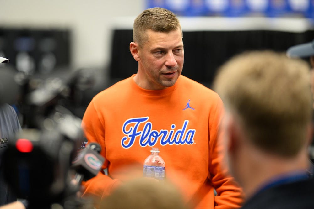 Florida head coach Jon Sumrall holds a press conference in the media room of the Stephen C. O'Connell Center during halftime of an NCAA men's basketball game between Florida and Auburn, Saturday, Jan. 24, 2026.