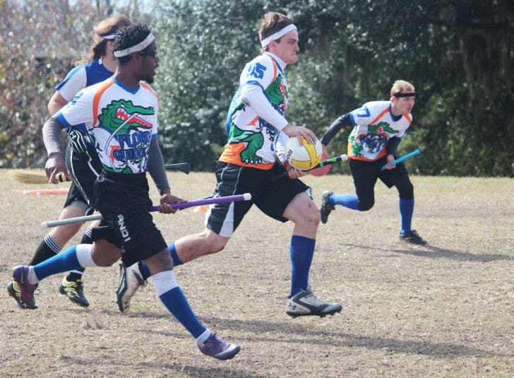 Florida Quidditch chaser Nick Zakoske, a 21-year-old geology junior, looks to score during the Gators’ 120-50 win against Rollins College on Flavet Field on Saturday. Read the story online.