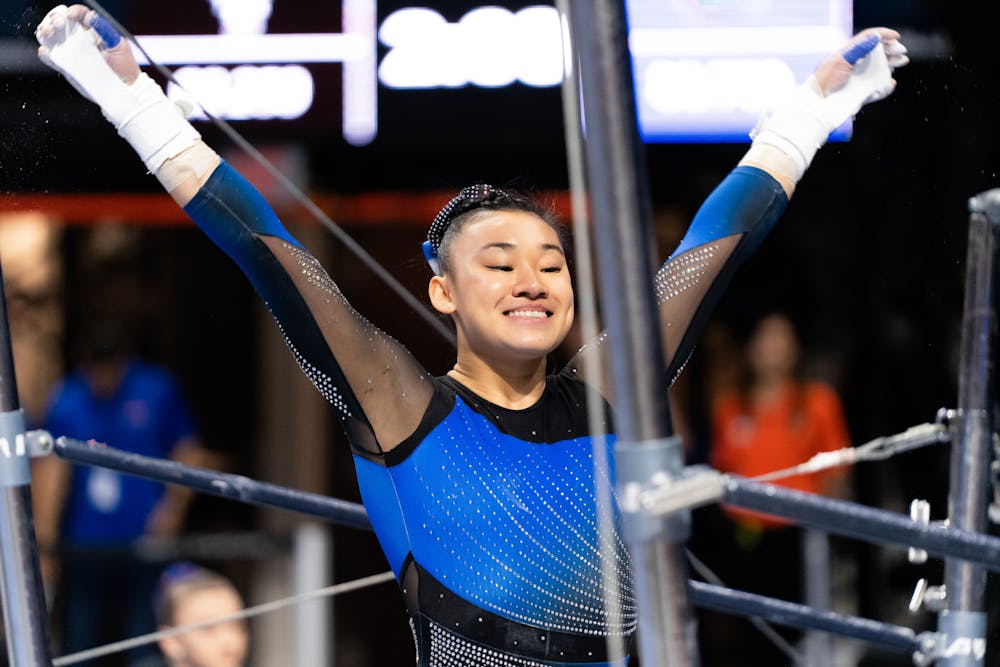 <p>UF gymnastics athlete Leanne Wong competes against LIU on March 15, 2024.</p>