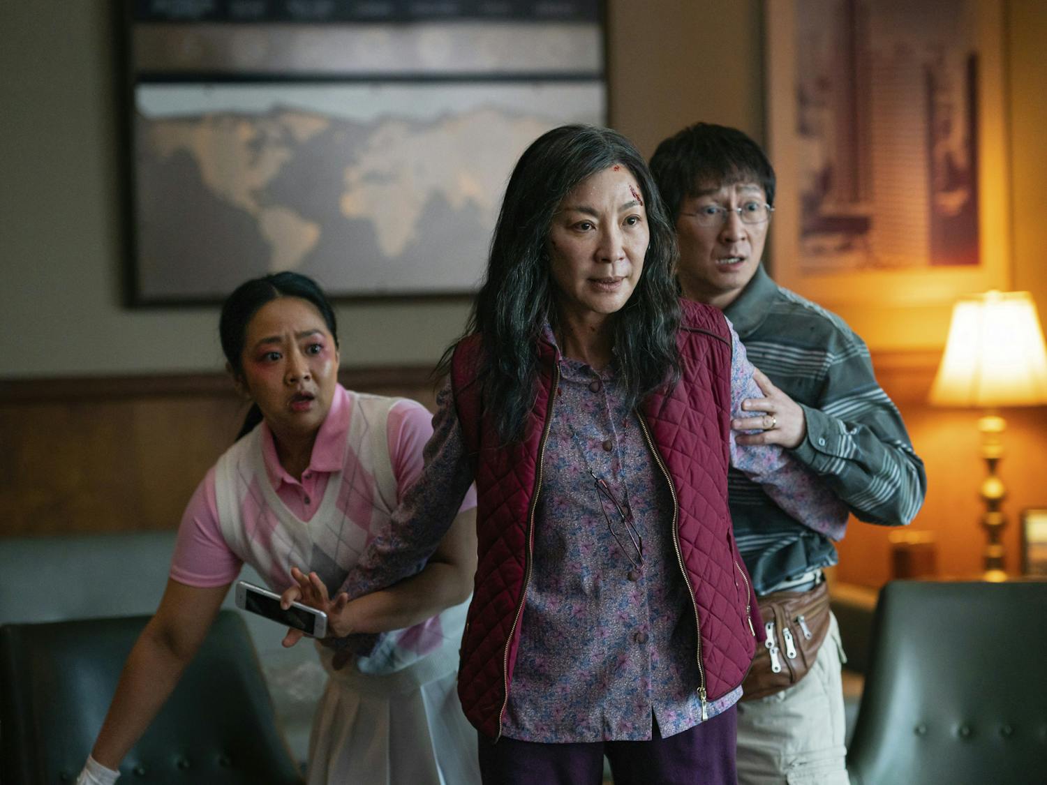 This image released by A24 shows Stephanie Hsu, from left, Michelle Yeoh and Ke Huy Quan in a scene from "Everything Everywhere All At Once." (Allyson Riggs/A24)