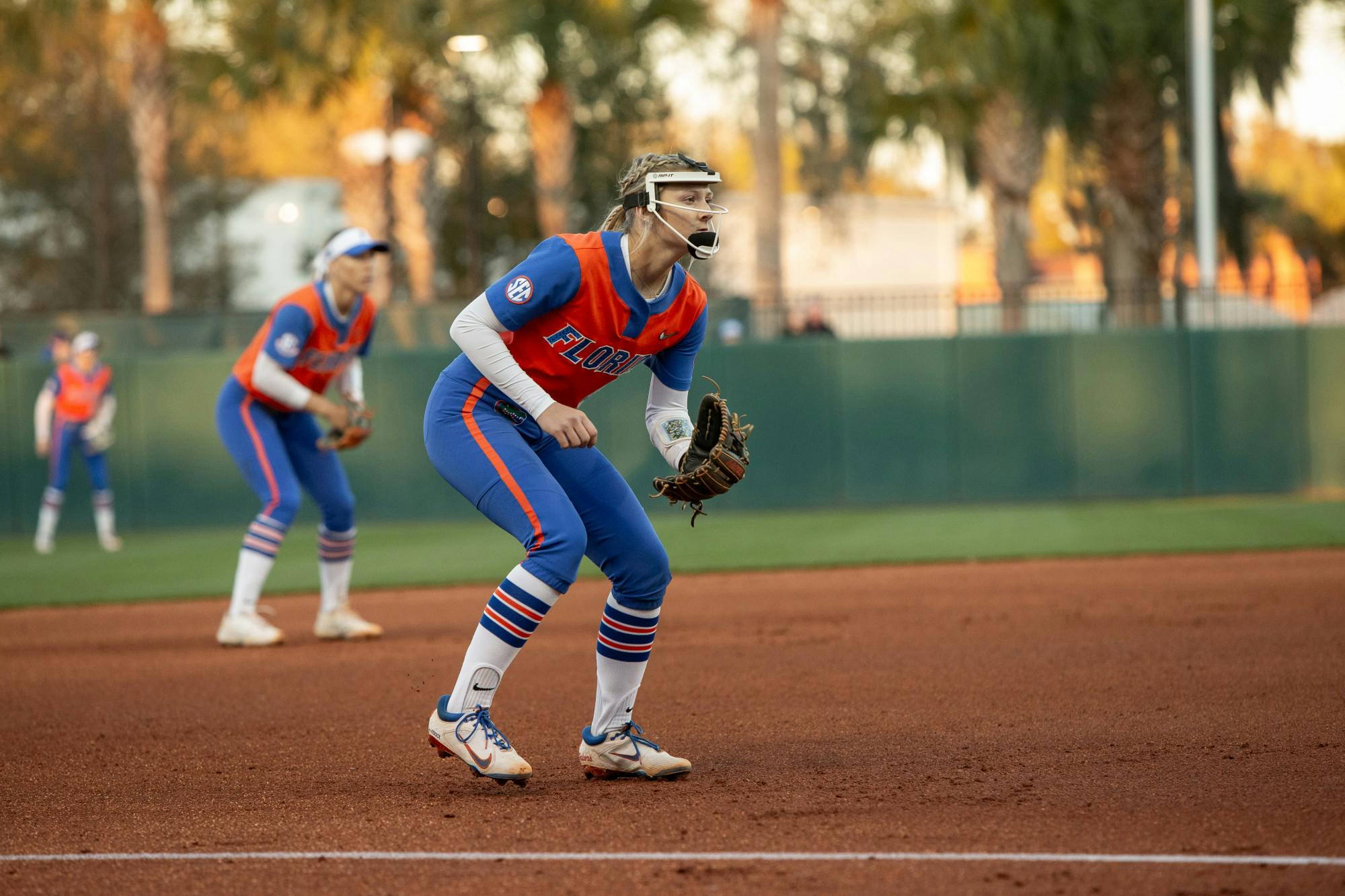 Gators freshman third baseman Ariel Kowalewski gets prepared to field the ball in the team's loss to Oklahoma State on Monday, February 19, 2024. 
