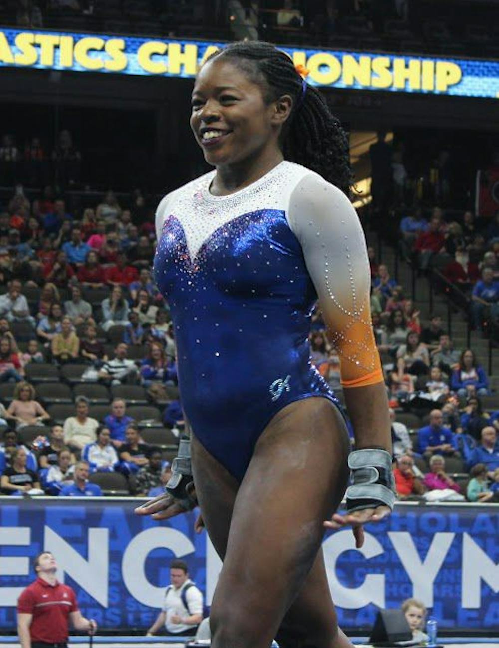 <p>UF gymnast Alicia Boren smiles during the Southeastern Conference Championships on March 18, 2017, in Jacksonville.</p>