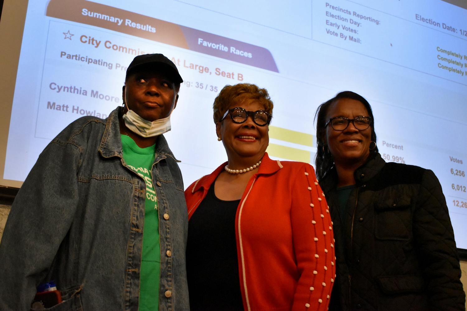 City Commissioner-elect Cynthia Chestnut (center) stands with Gainesville NAACP President Evelyn Foxx (left) and School Board member Tina Certain (right) at her election watch party at Cypress and Grove Brewing Company on Tuesday, Jan. 25.