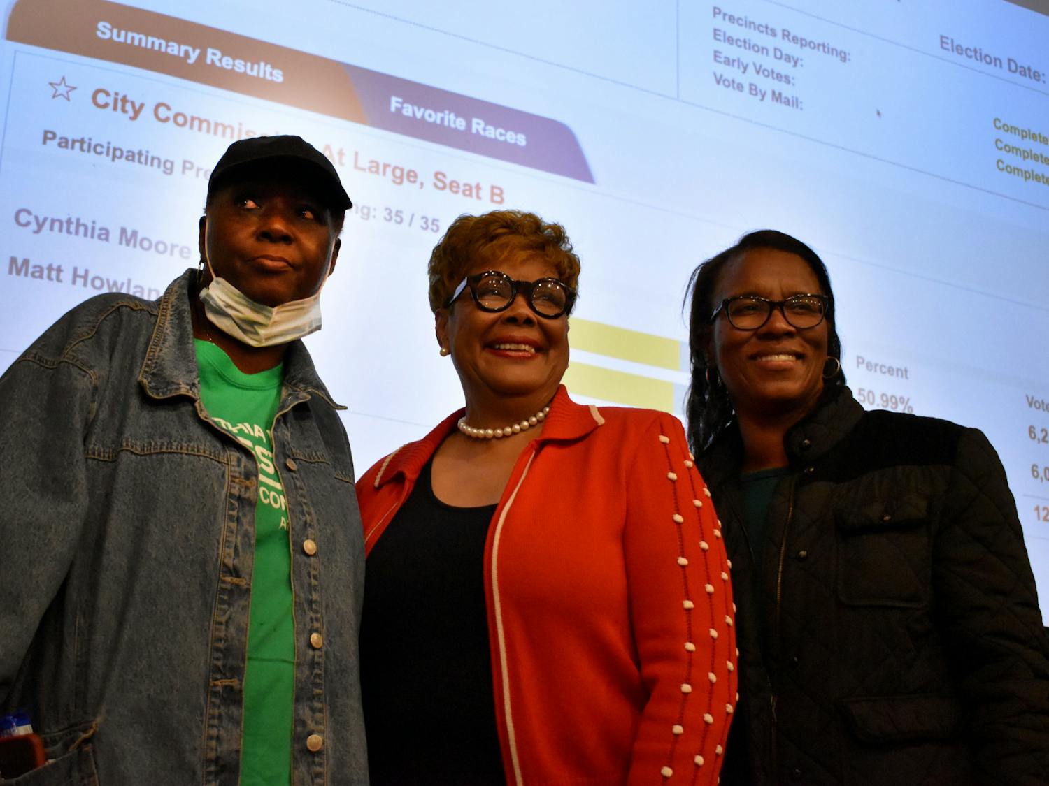 City Commissioner-elect Cynthia Chestnut (center) stands with Gainesville NAACP President Evelyn Foxx (left) and School Board member Tina Certain (right) at her election watch party at Cypress and Grove Brewing Company on Tuesday, Jan. 25.