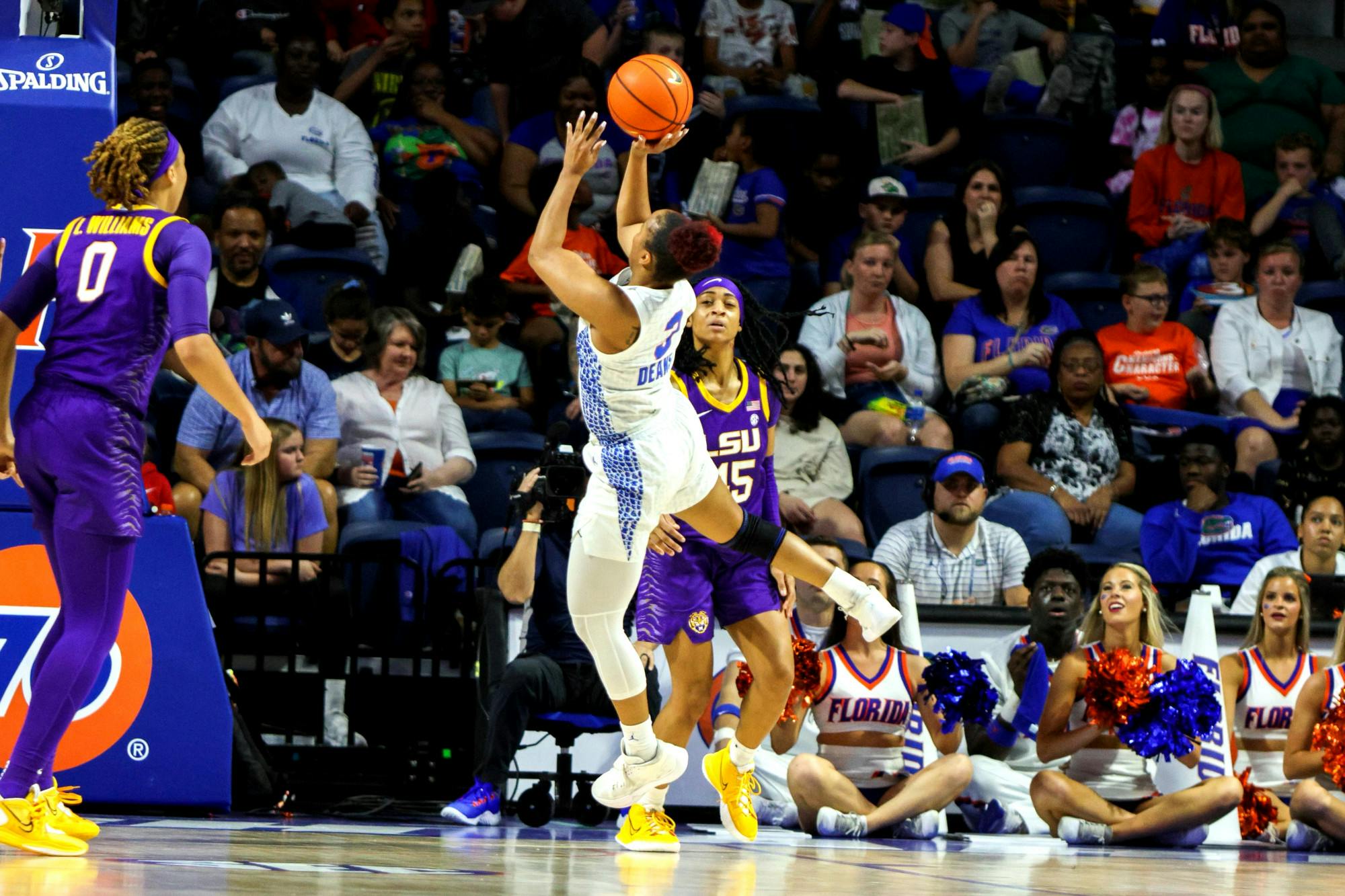 Florida guard KK Deans takes a shot in the Gators&#x27; 90-79 loss to the Louisiana State Tigers Sunday, Feb. 19, 2023. Deans matched her career-high of 30 points and added five assists.