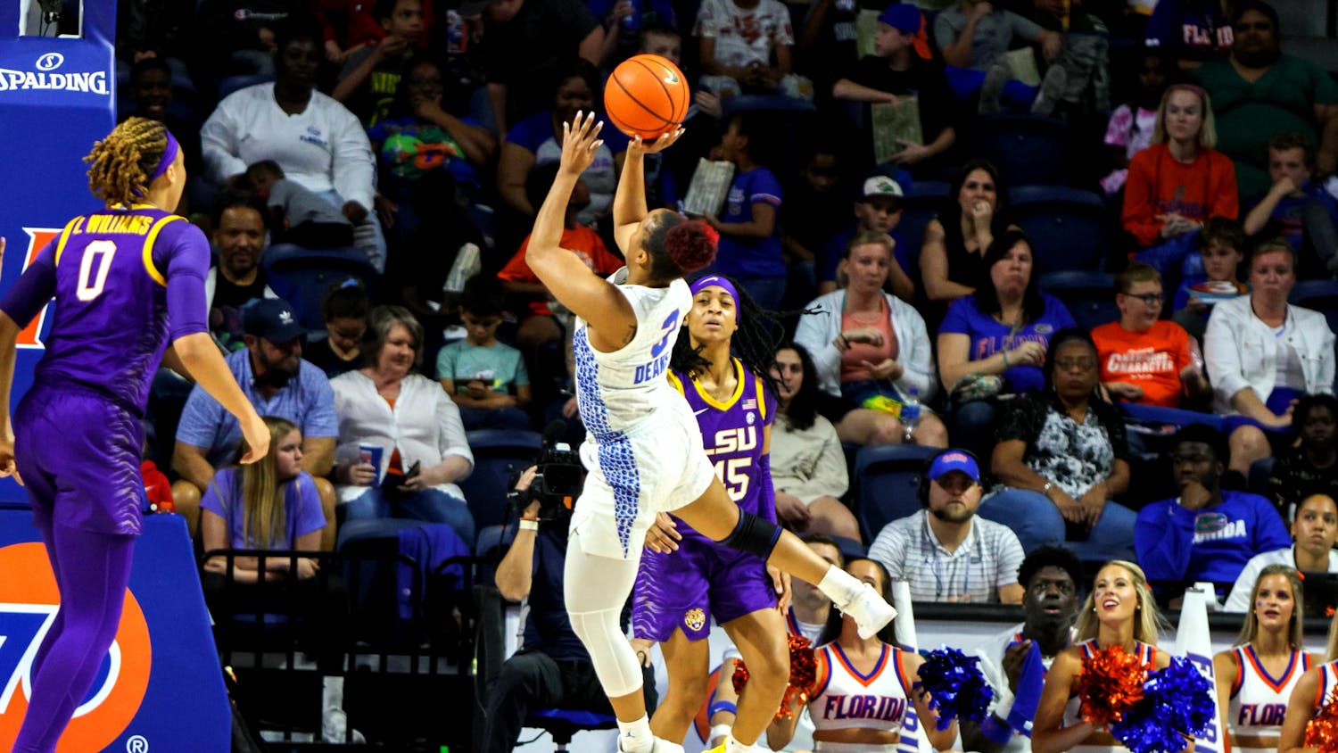 Florida guard KK Deans takes a shot in the Gators&#x27; 90-79 loss to the Louisiana State Tigers Sunday, Feb. 19, 2023. Deans matched her career-high of 30 points and added five assists.